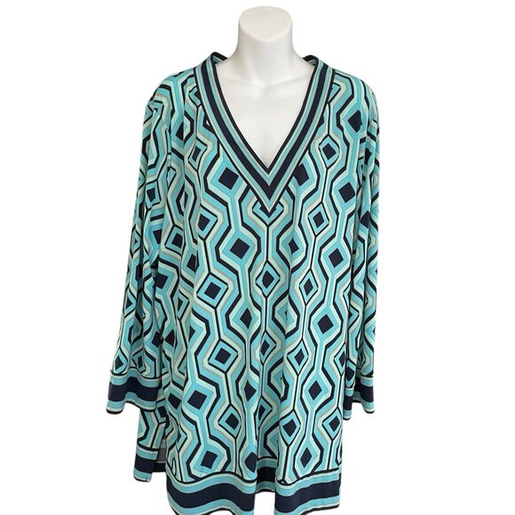 Michael Kors Geometric Print Long Sleeve Tunic Top, Turquoise Black Blue SZ 3X - Picture 1 of 12